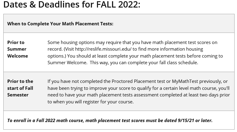 Fall 2022 Math Placement Dates